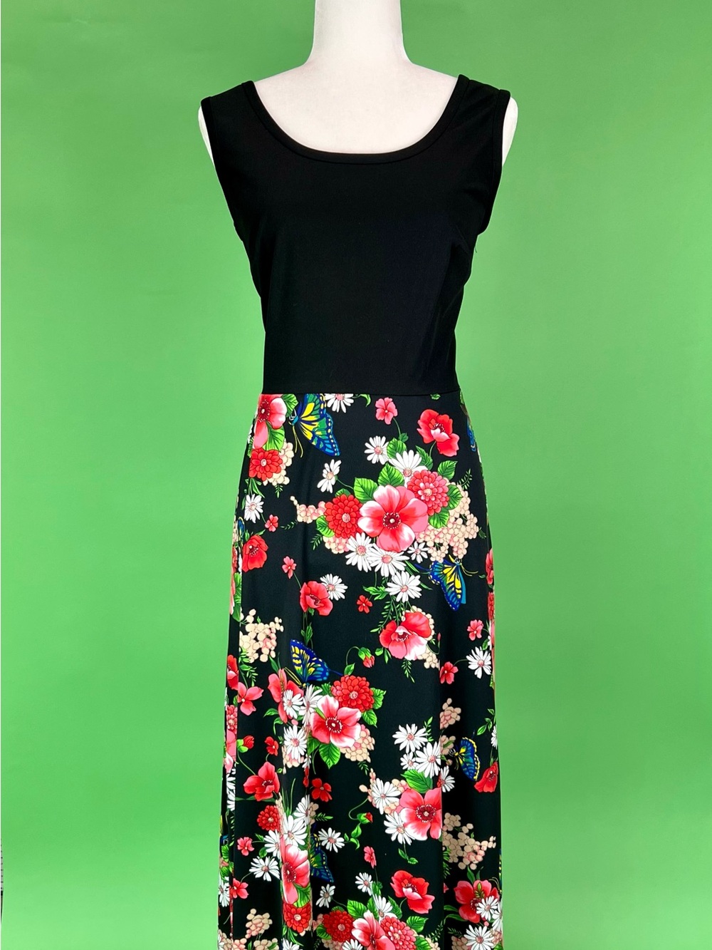 Vintage 70s Black Flower Power Floral Butterfly Sleeveless Maxi Dress Size S/M